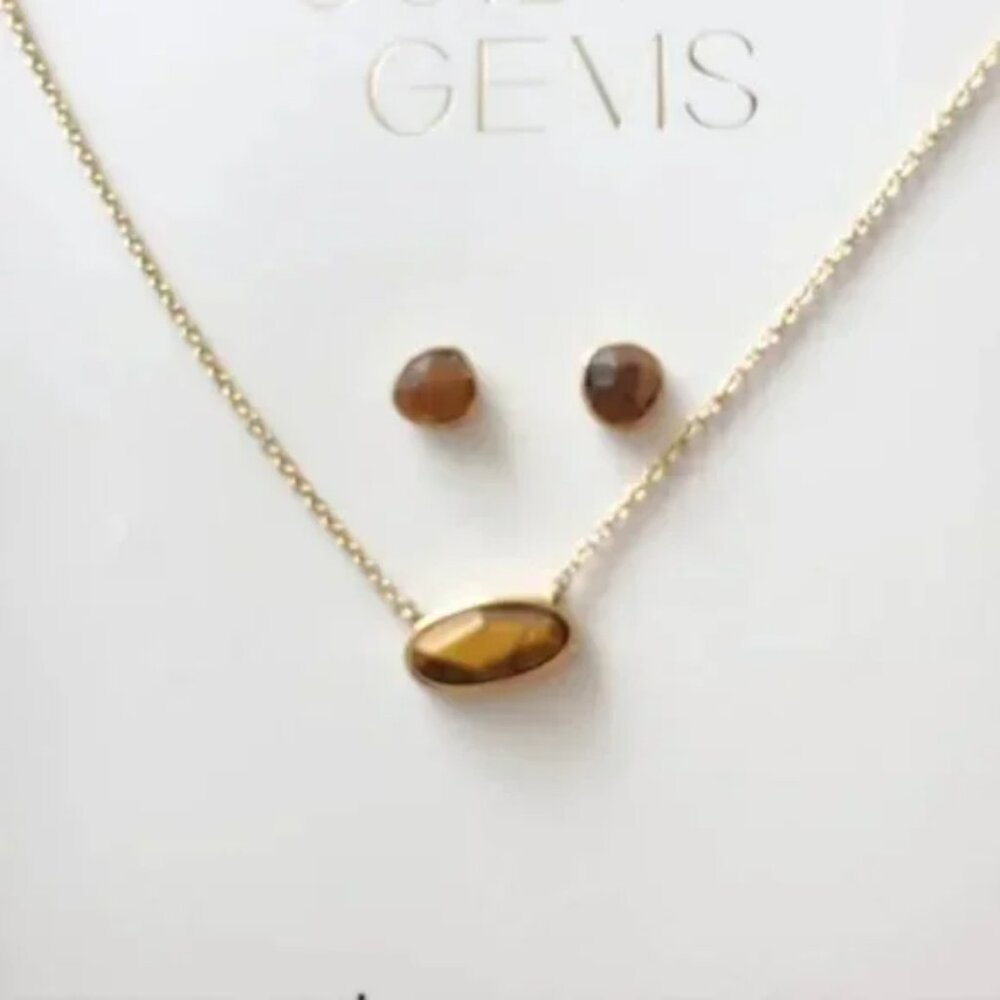 NEW - Tiger's Eye necklace & earrings set - 14-karat Gold Plated Brass